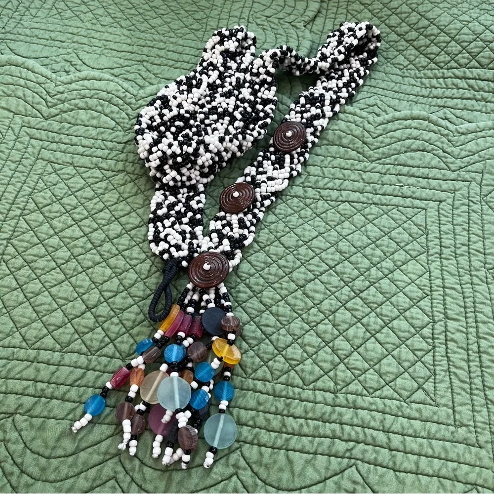 Boho Hand Beaded / Braided Belt, Enameled Button Closures(s), Colorful Fringe